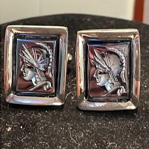 Vintage MCM silver tone intaglio Roman Centurion warrior bullet back cufflinks